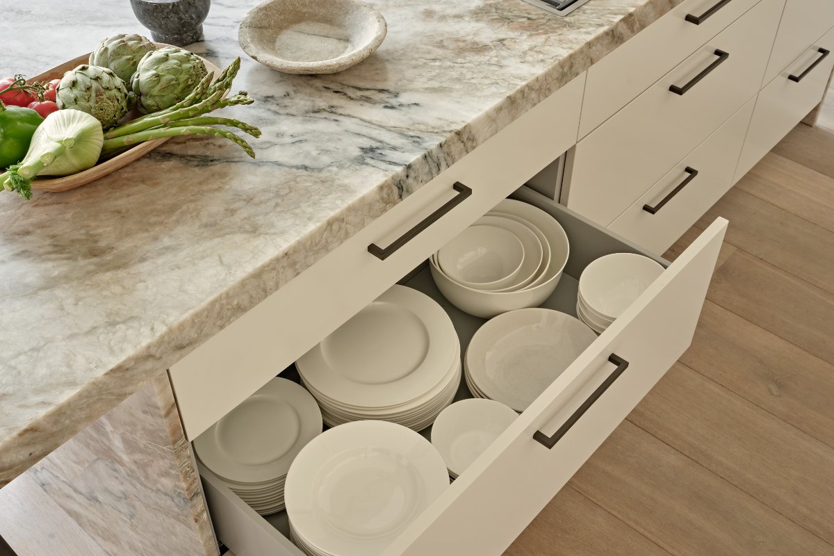 View of the storage drawers in the island.