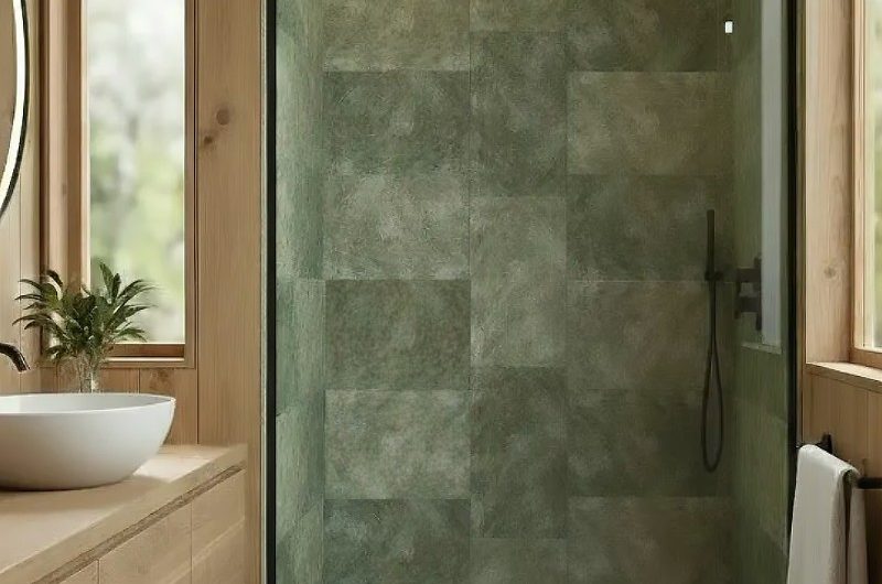 A wood drenched bathroom with a green marble panelled shower zone.