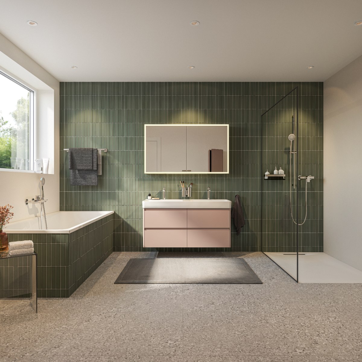 Green bathroom with a walk-in shower, fitted bath and a wall-mounted vanity.