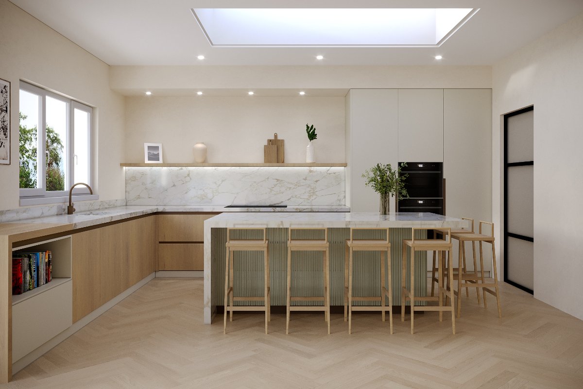 L-shaped modern kitchen with wood and white cabinetry, a central island with a fluted base and striking veiny work surfaces.