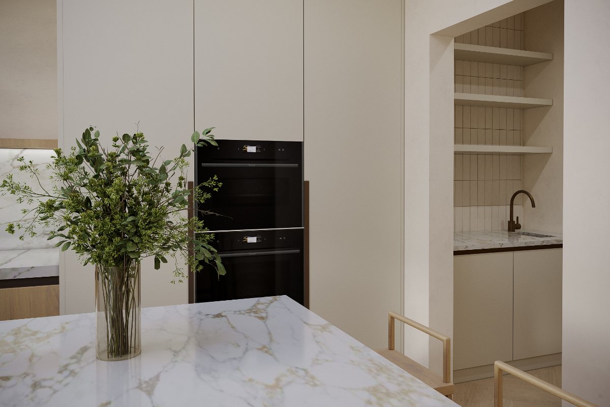 View inside the walk-in pantry with a secondary sink, open shelves, and worktop area.