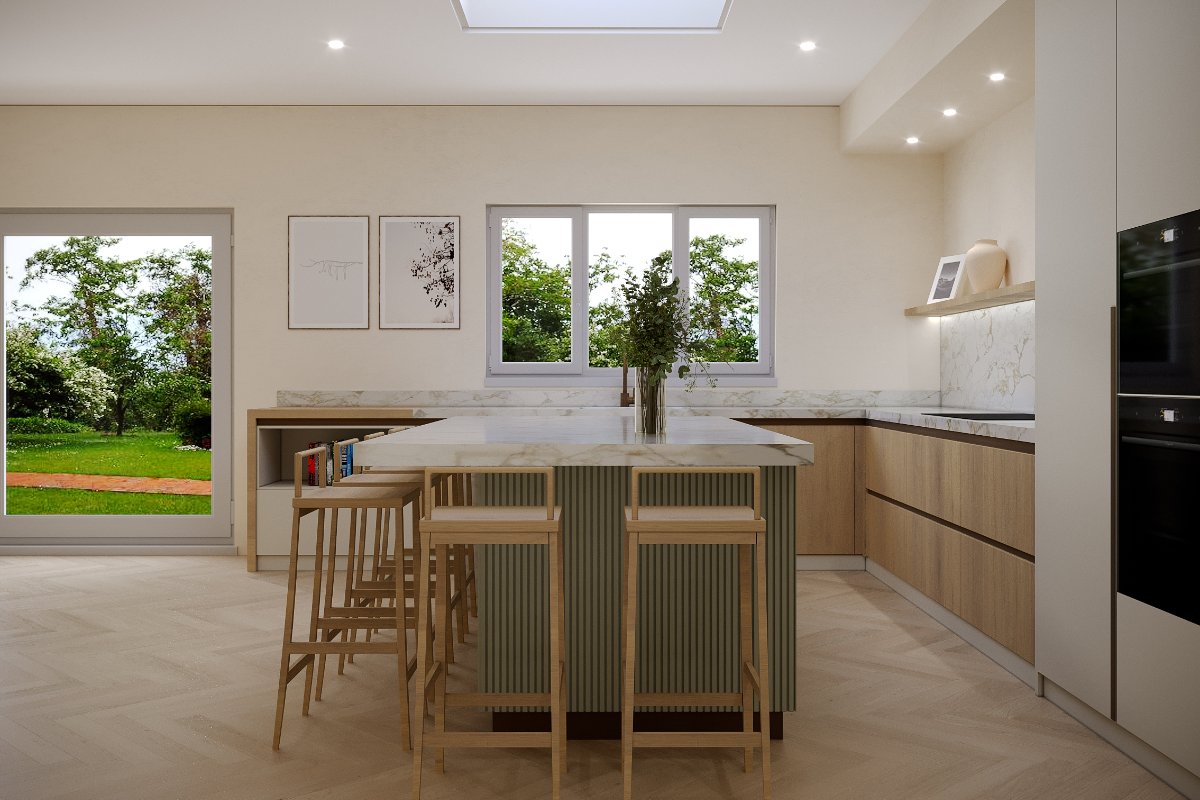 View of the L-shaped layout with wood base cabinets, wood shelf, veiny worktops, a central island with seating, and garden views.