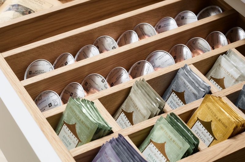 Closeup at a bespoke tea drawer.