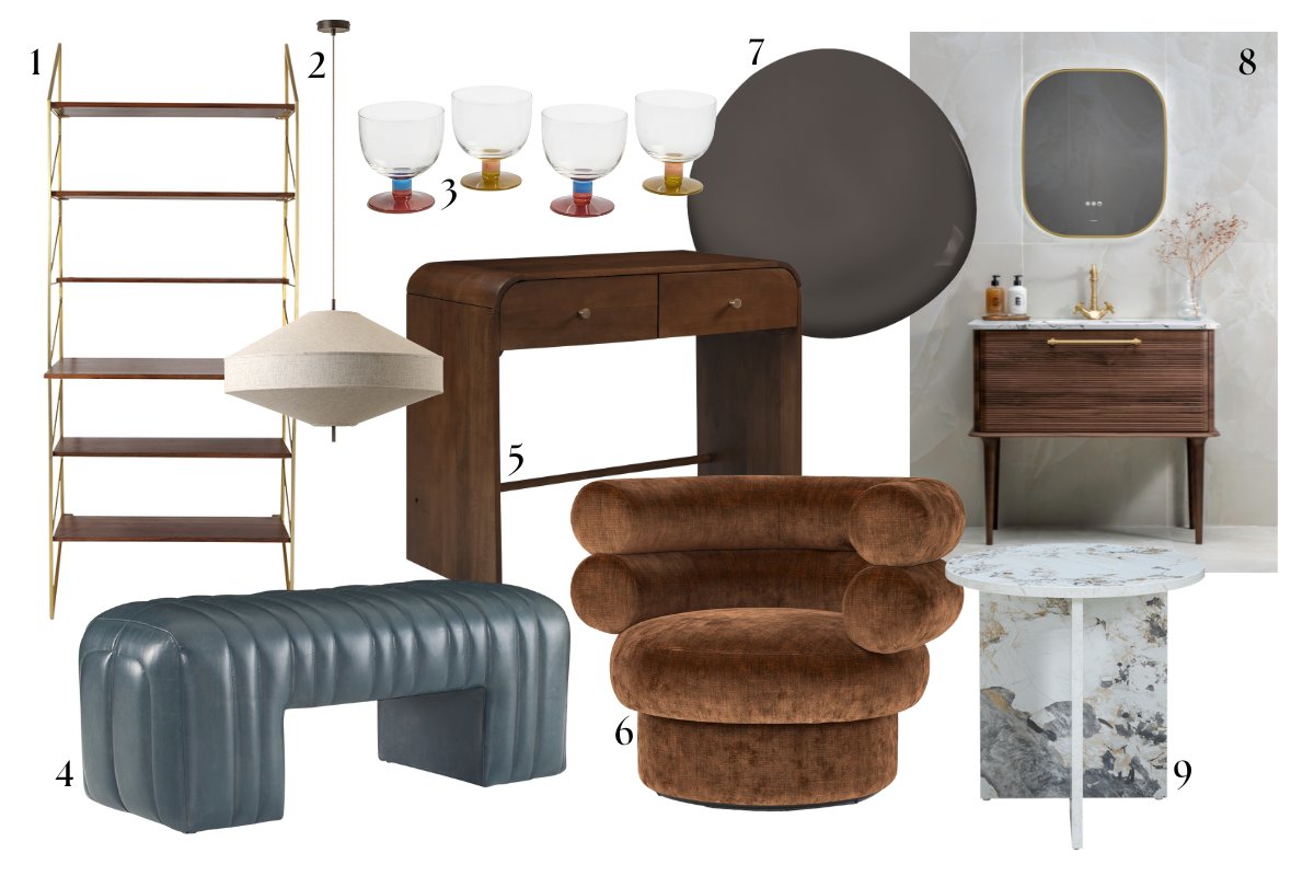 Moodboard edit of mid-century style decor, glamorous marble, moody colour palettes and wood furniture.