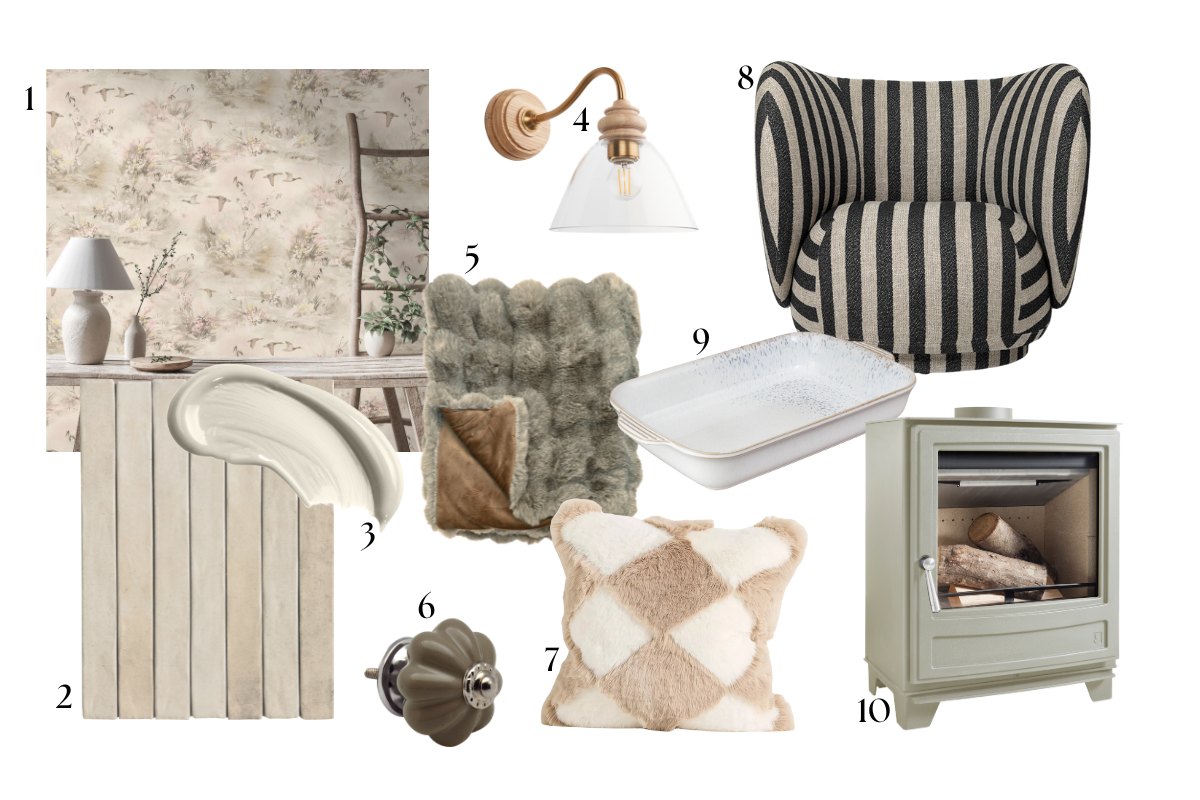Neutral interiors moodboard with nature-inspired patterns and materials, faux fur furnishings, a wood fire stove, and glossy ceramics.