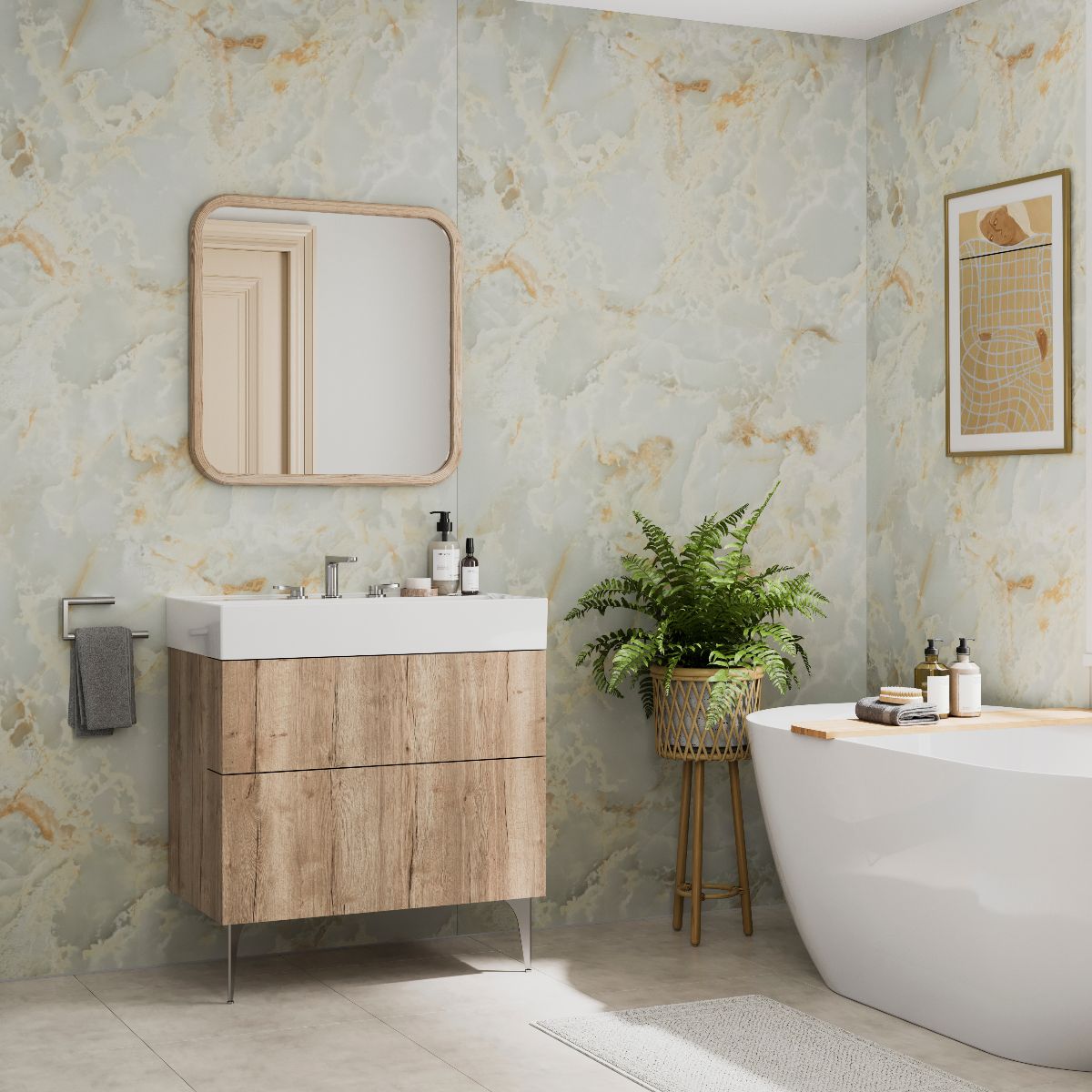 A calm bathroom design with onyx wall panelling, wood vanity and freestanding tub.