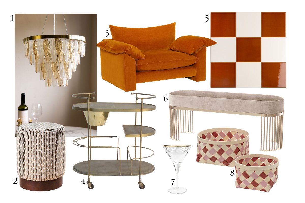 Moodboard edit of Art Deco pieces, orange interiors decor and home bar essentials.