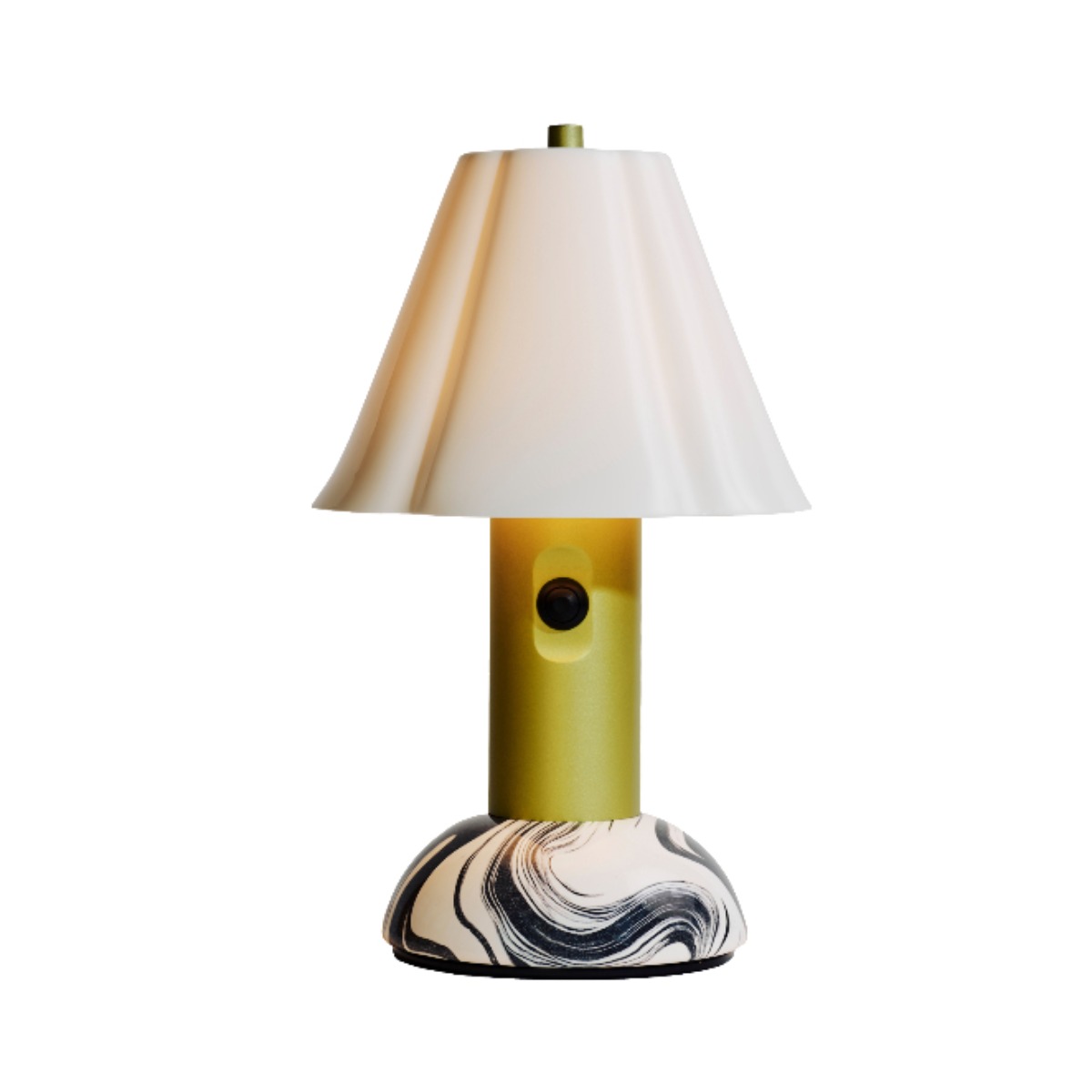 A portable rechargeable light with a black and white base and bone china shade.