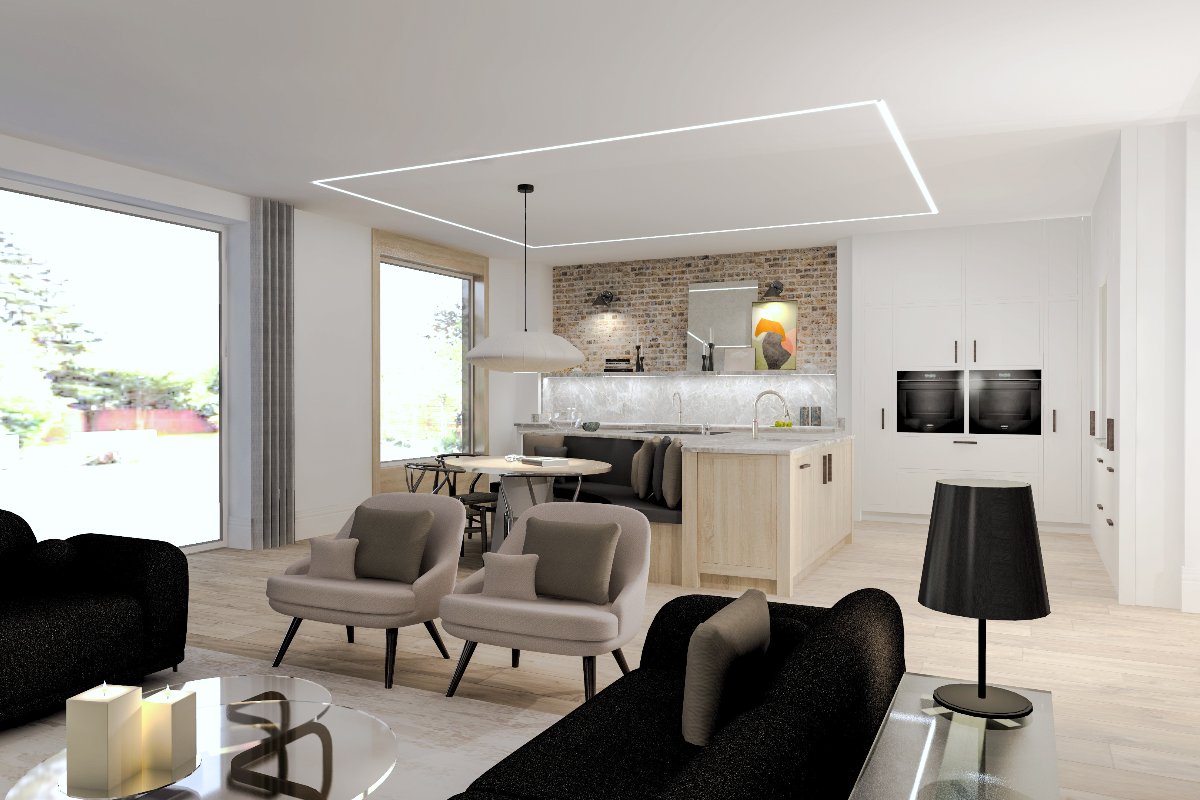 Open-plan kitchen-diner with a seating area and a cooking space with a multi-functional island.