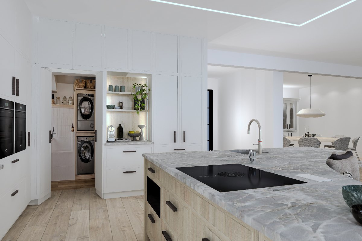 View inside the walk-in utility with a coffee bar next to it and a central island.