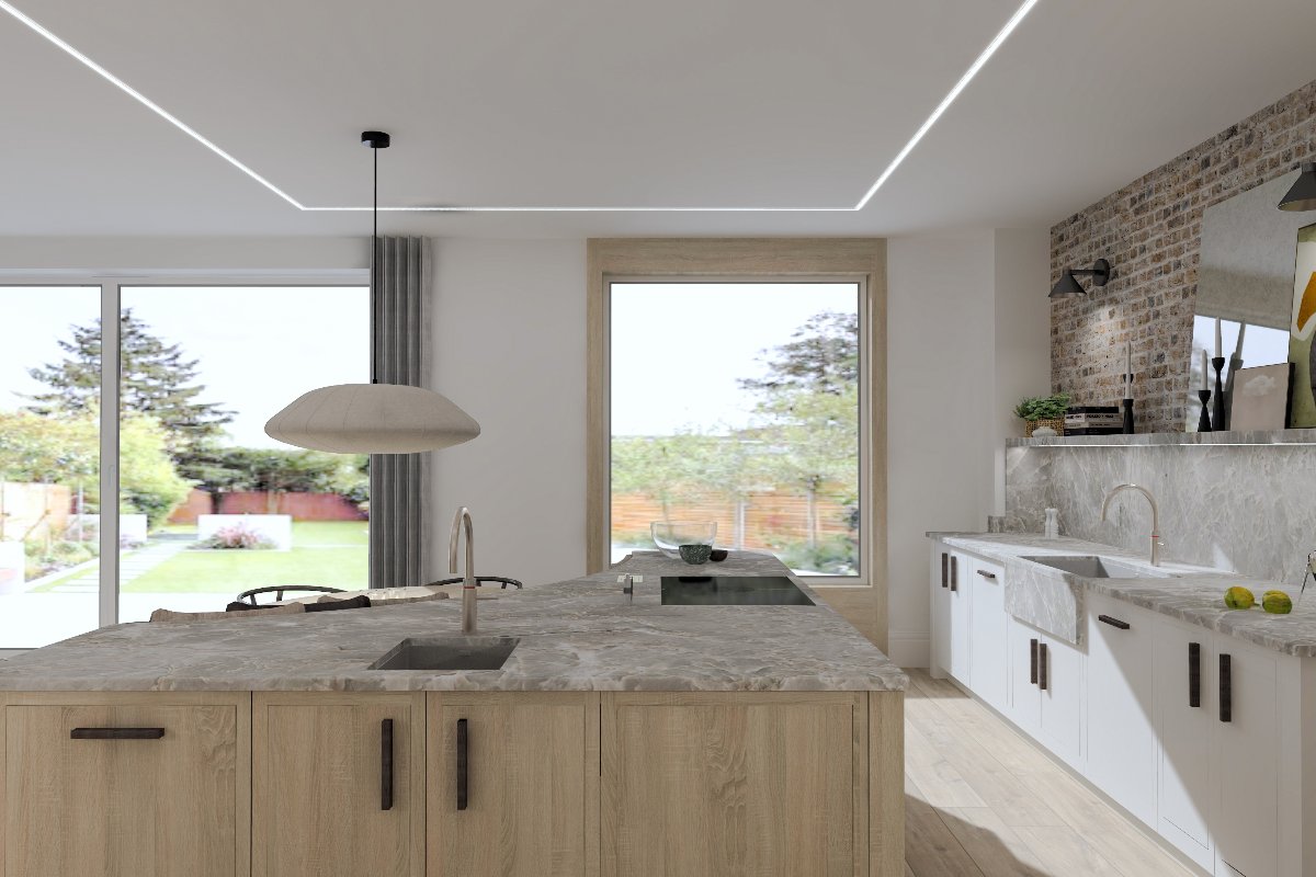 View of the kitchen island with a prep sink, a hob, and built-in seating.