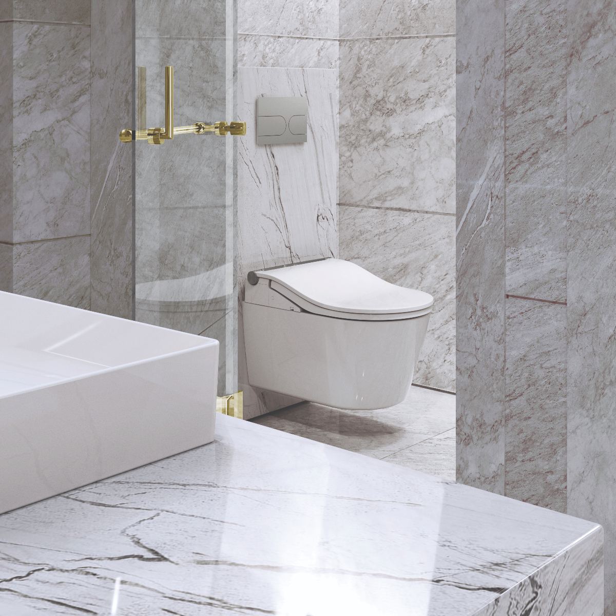 Luxury bathroom with a shower toilet and veiny wall and floor tiles.
