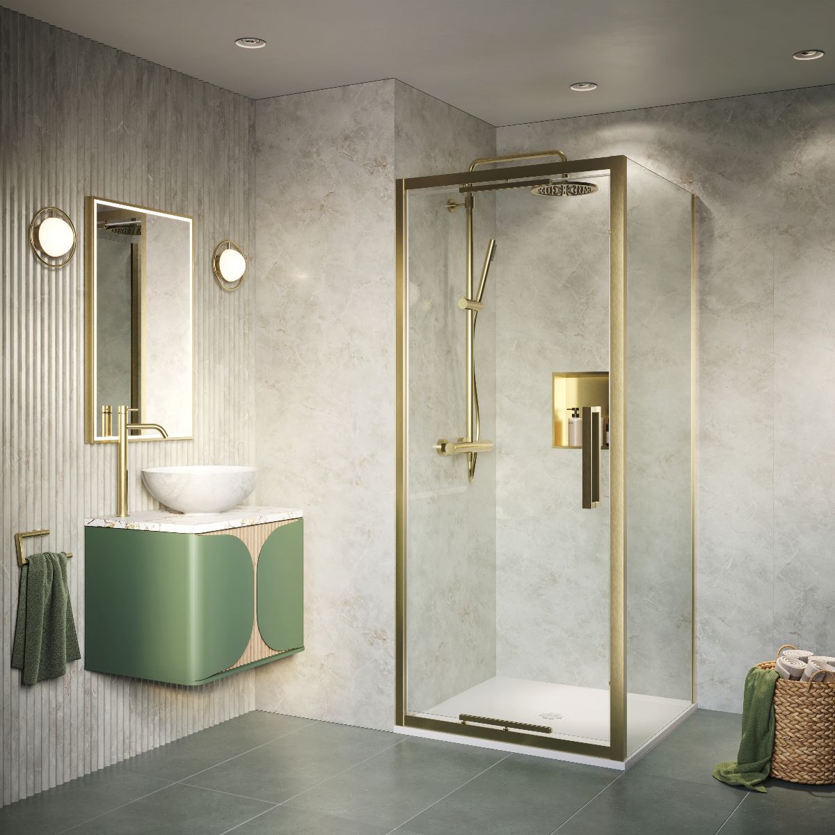 A showering space with marble-effect panels, gold niche and shower enclosure, a wall-mounted vanity, and stone flooring.