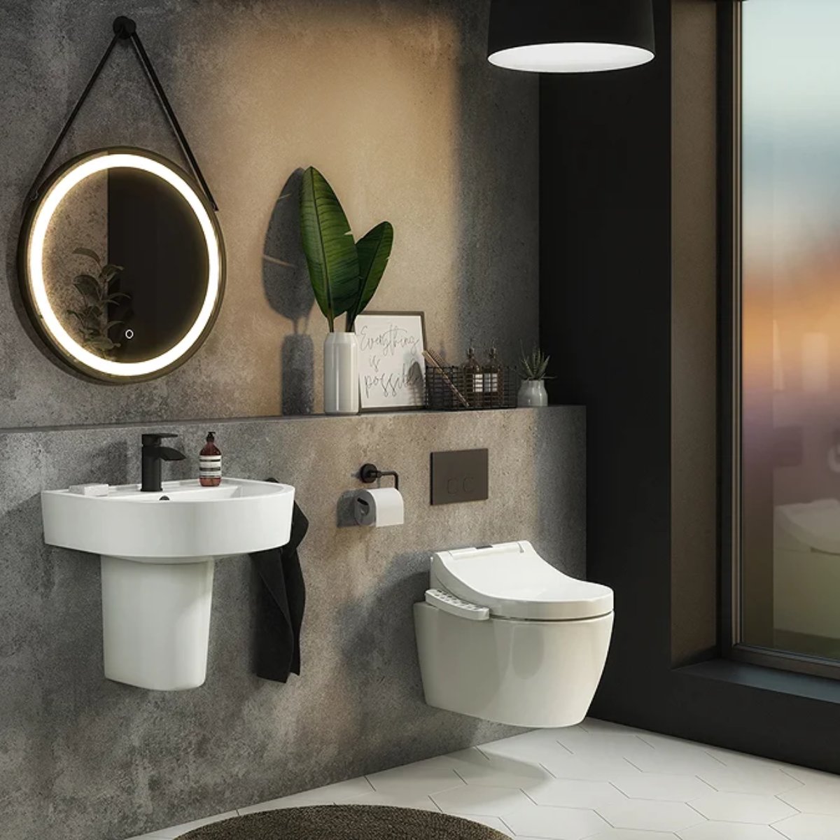 Industrial bathroom with wall-mounted sanitaryware and concrete-effect tiles.