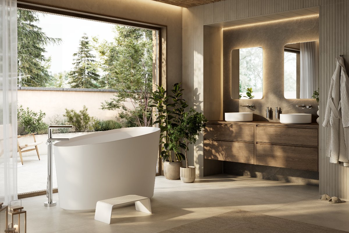 Neutral, spa-insured scheme with wood double vanity, LED mirrors, freestanding tub, and an indoor-outdoor connection.