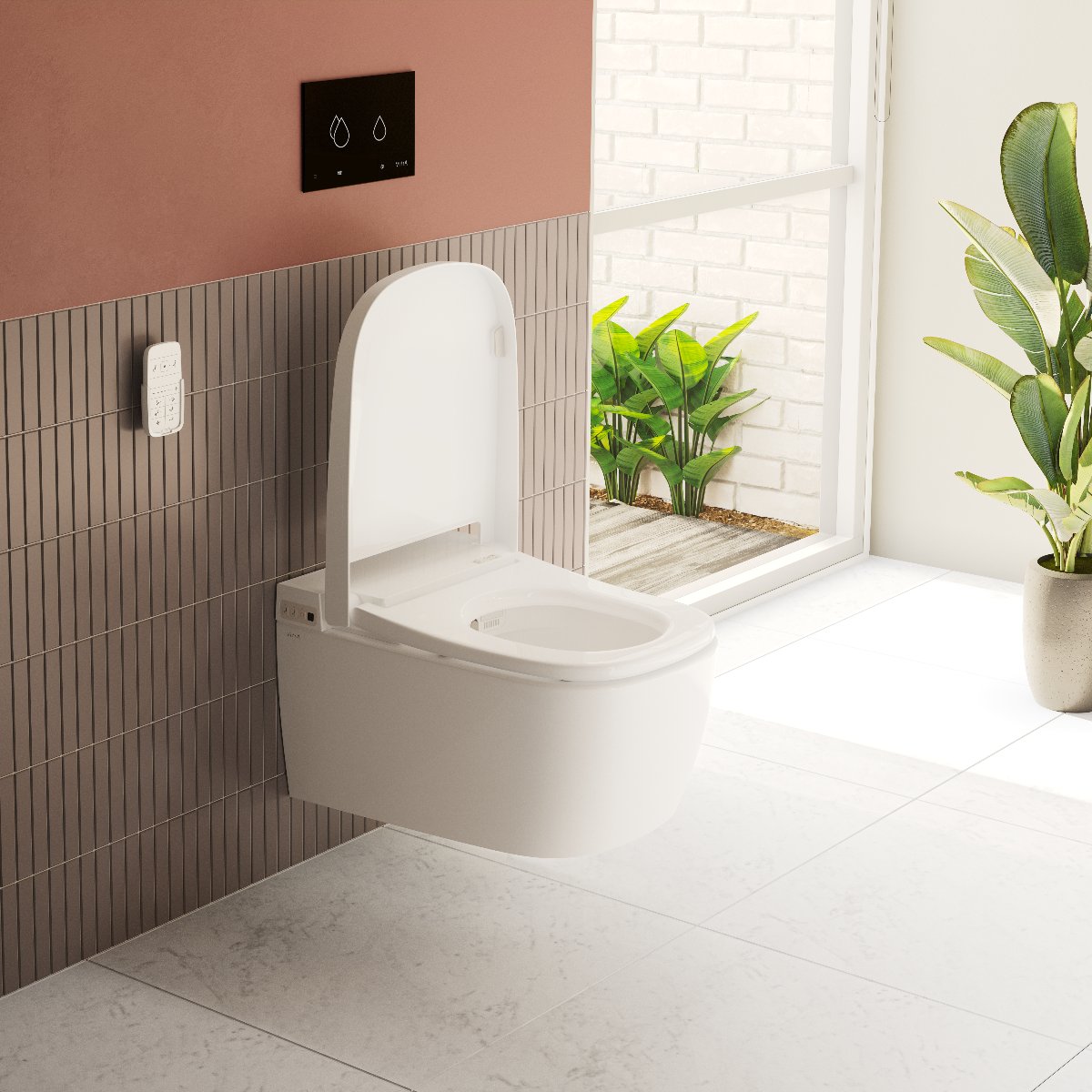 A modern bathroom design with brown tiles and terracotta paint, with a wall-mounted shower toilet.