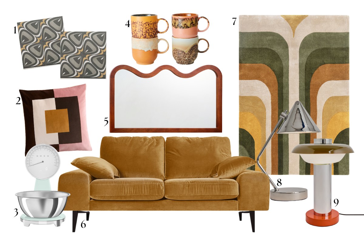 70s moodboard with wavy shapes, geometric patterns, warm colourways, and statement lighting.