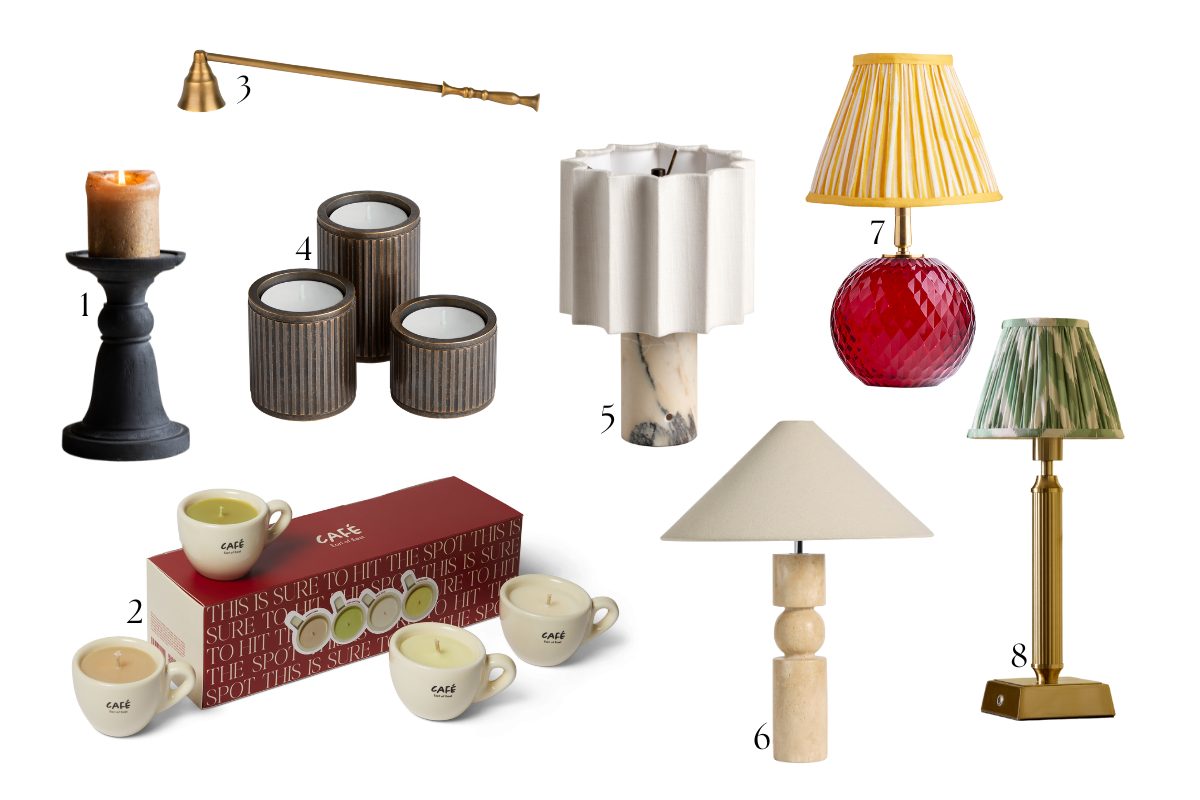 Homeware gift moodboard with candles, candle snuffer,and table lamps.