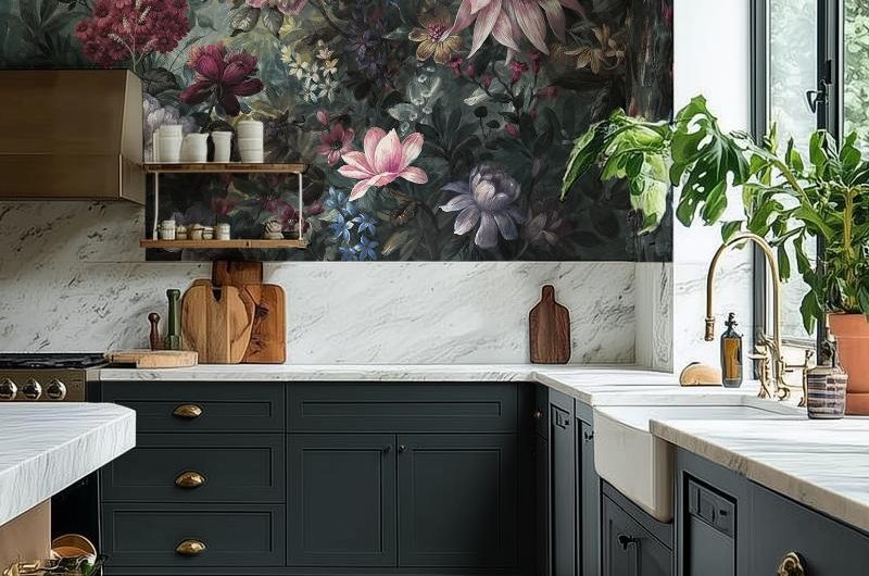 L-shaped kitchen design painted in dark green with marble worktops, wood flooring, and dark floral wallpaper.