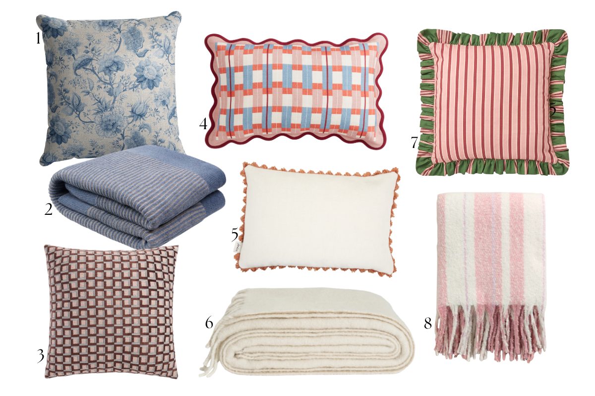Homeware gift guide edit with patterned and plain cushions and soft throws.