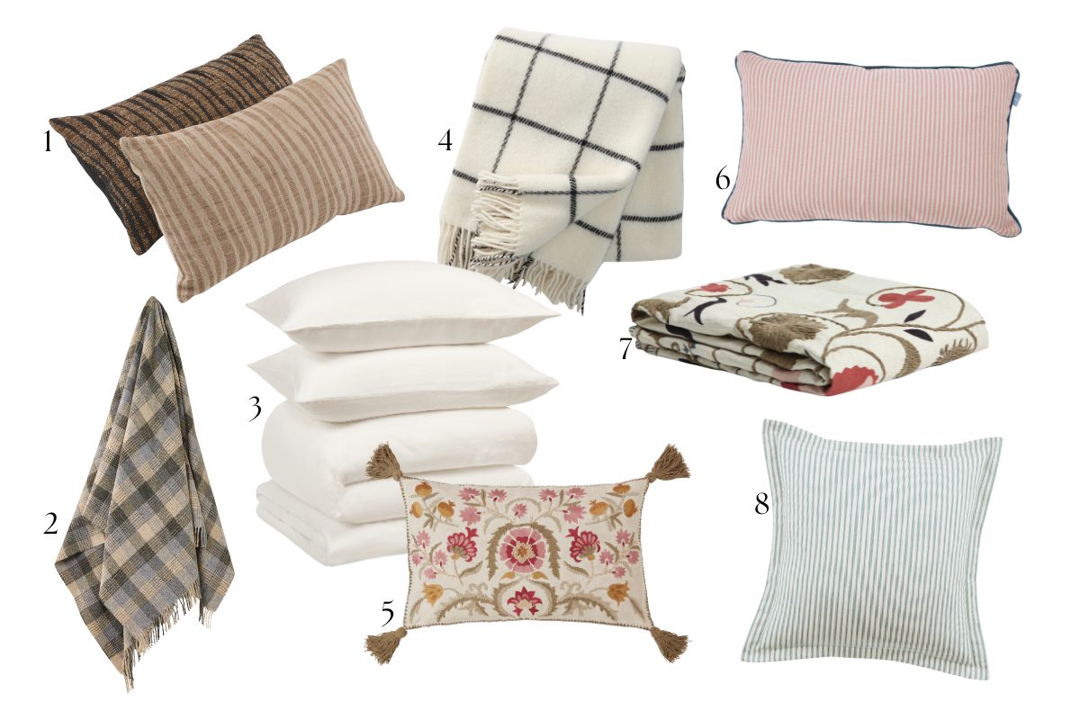 A moodboard edit of cushions, throws, and bed linen.