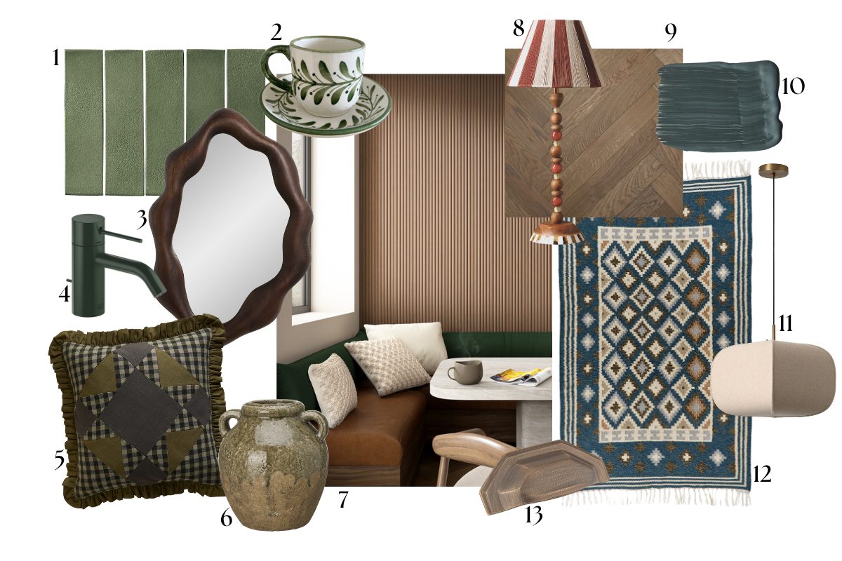 Moodboard edit of wood finishes and wood and teal decor.