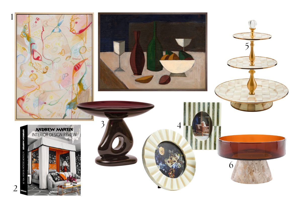 A gift guide edit with wall art, serving trays, photo frames, and interior design book.