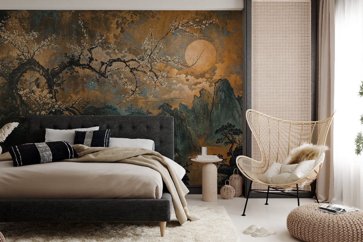 Calm bedroom design with Chinoiserie wallpaper mural, rattan furnishings and a low-platform bed.