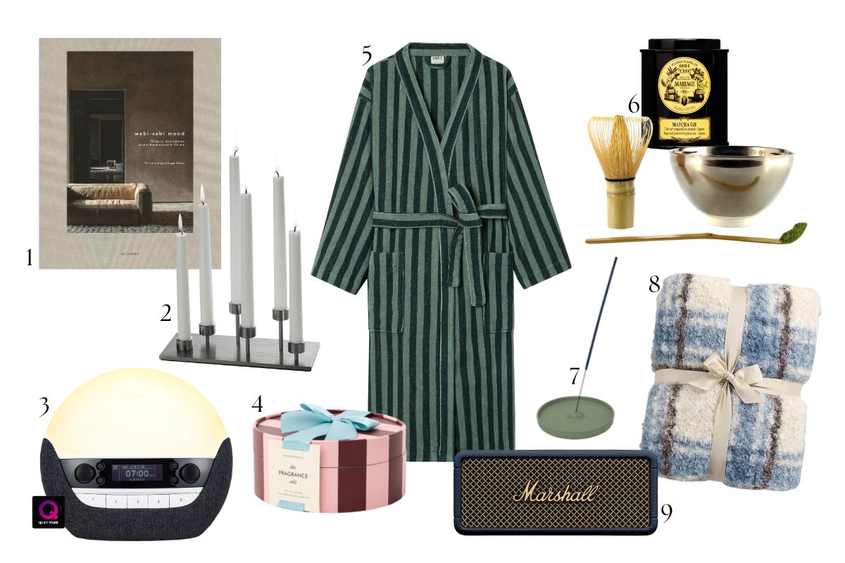 A moodboard edit of homebody gift ideas, from robes and blankets, to a sunrise lamp and speaker.