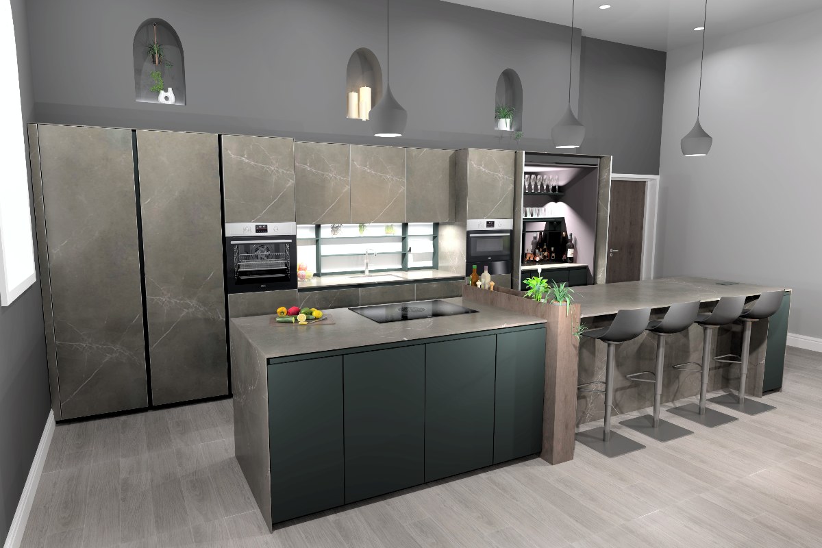 A multi-functional island with a cooking zone and an adjoining dining area with seating and a main run of cabinets with a home bar.