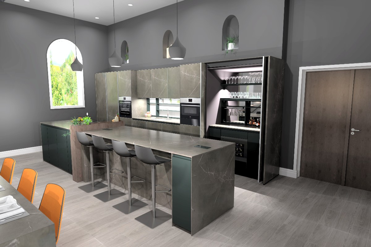 A spacious open-plan kitchen with marble-effect cabinetry, a multi-functional island, and curved windows.