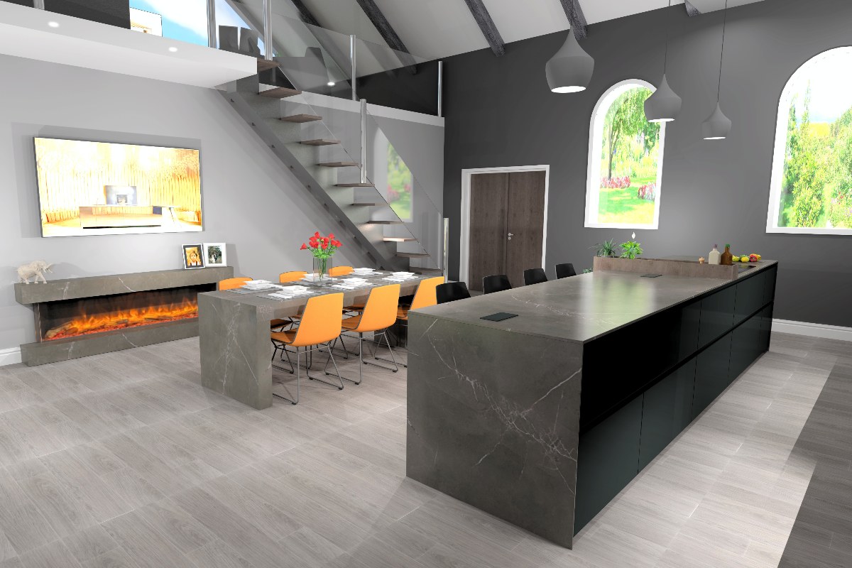 A former chapel turned into a home with a spacious open-plan kitchen-diner with a fireplace and media zone.