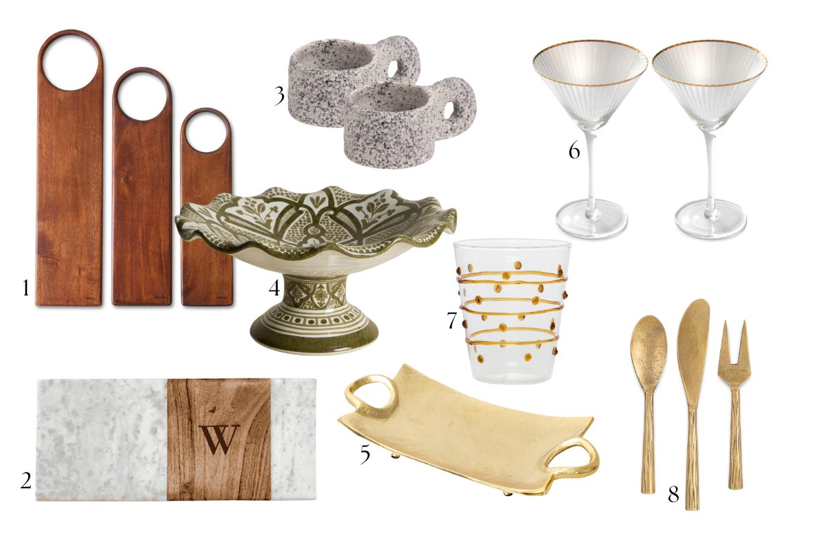 A mix of kitchenware gifts such as wood platters, mugs, gold cutlery and cocktail glasses.