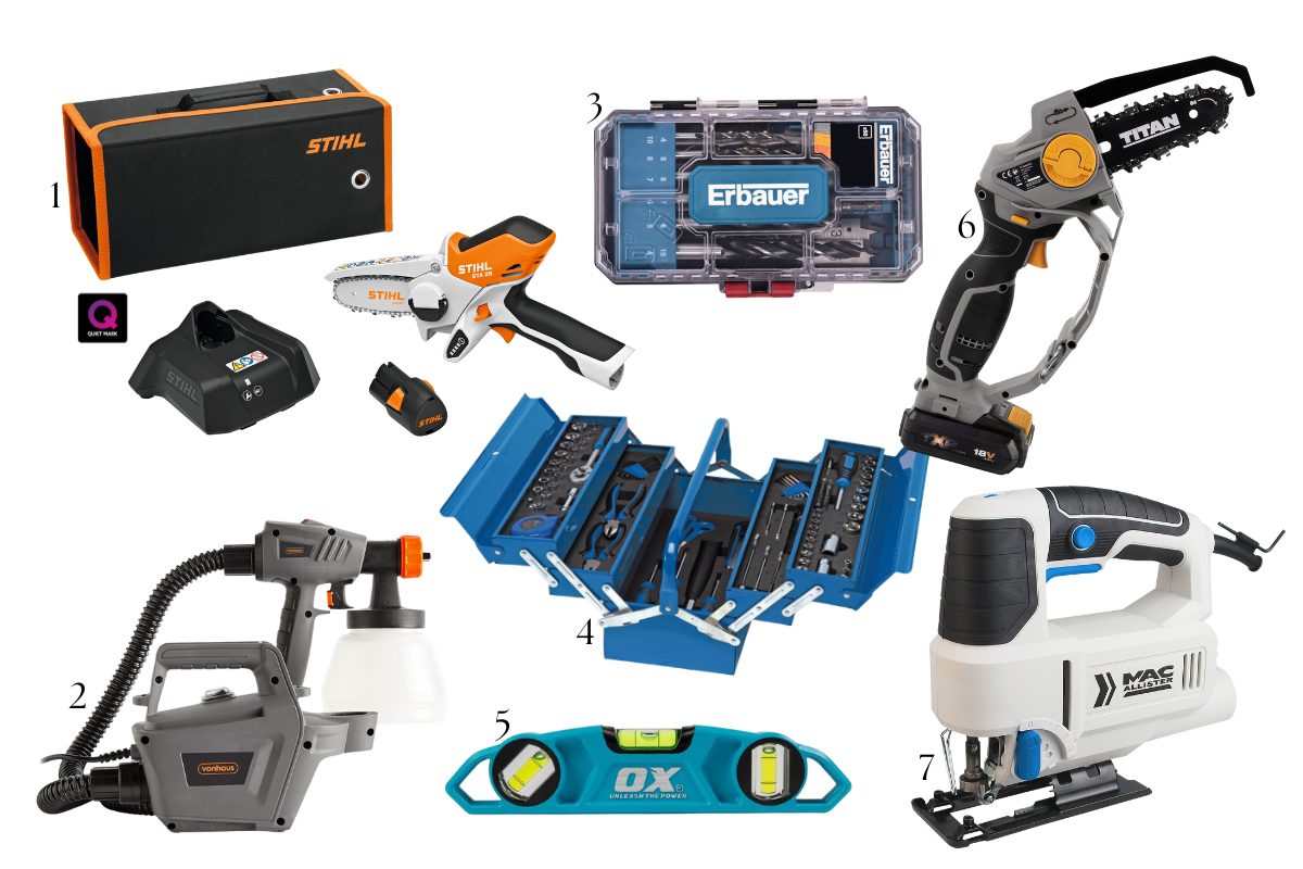 Gift guide for renovators with jigsaws, tool kits, and spray painter guns.