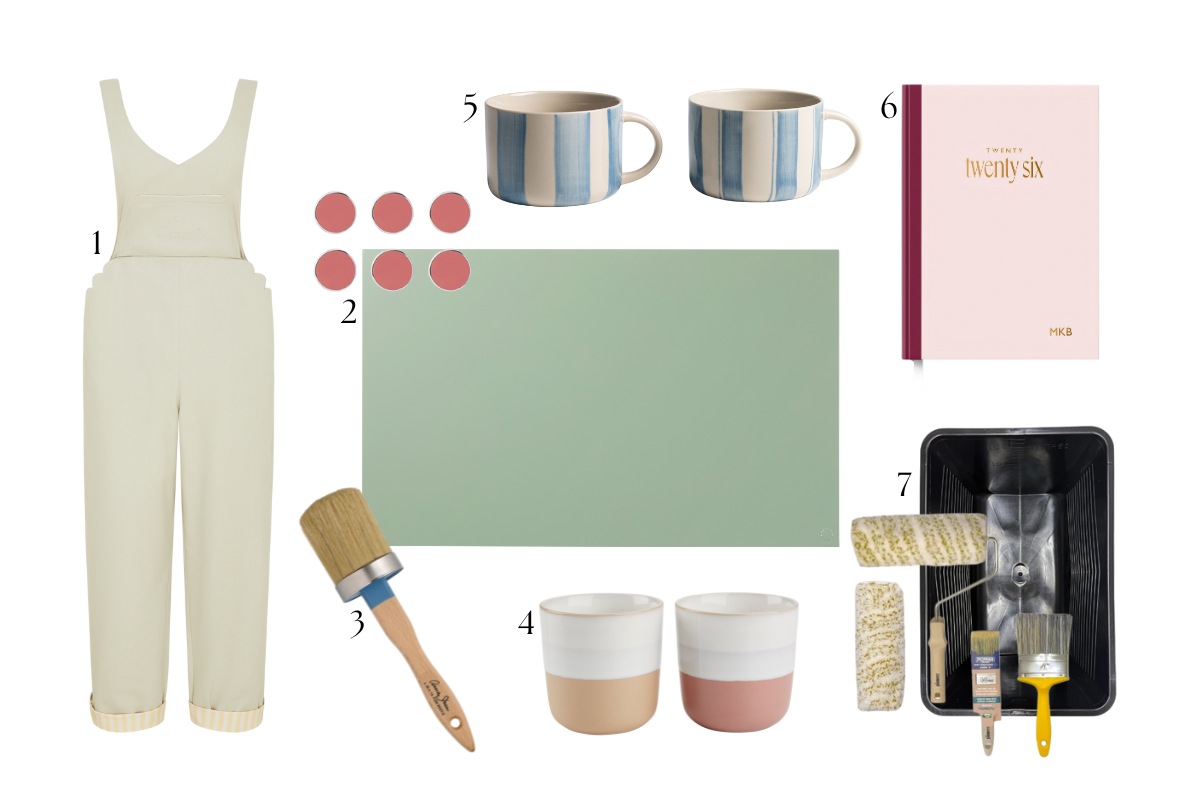 A gift guide edit for renovators with work overalls, moodboard, coffee cups and planner.