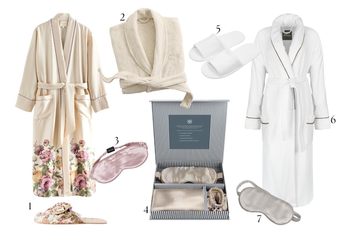 Gift guide edit of bath robes, slippers and eye masks.