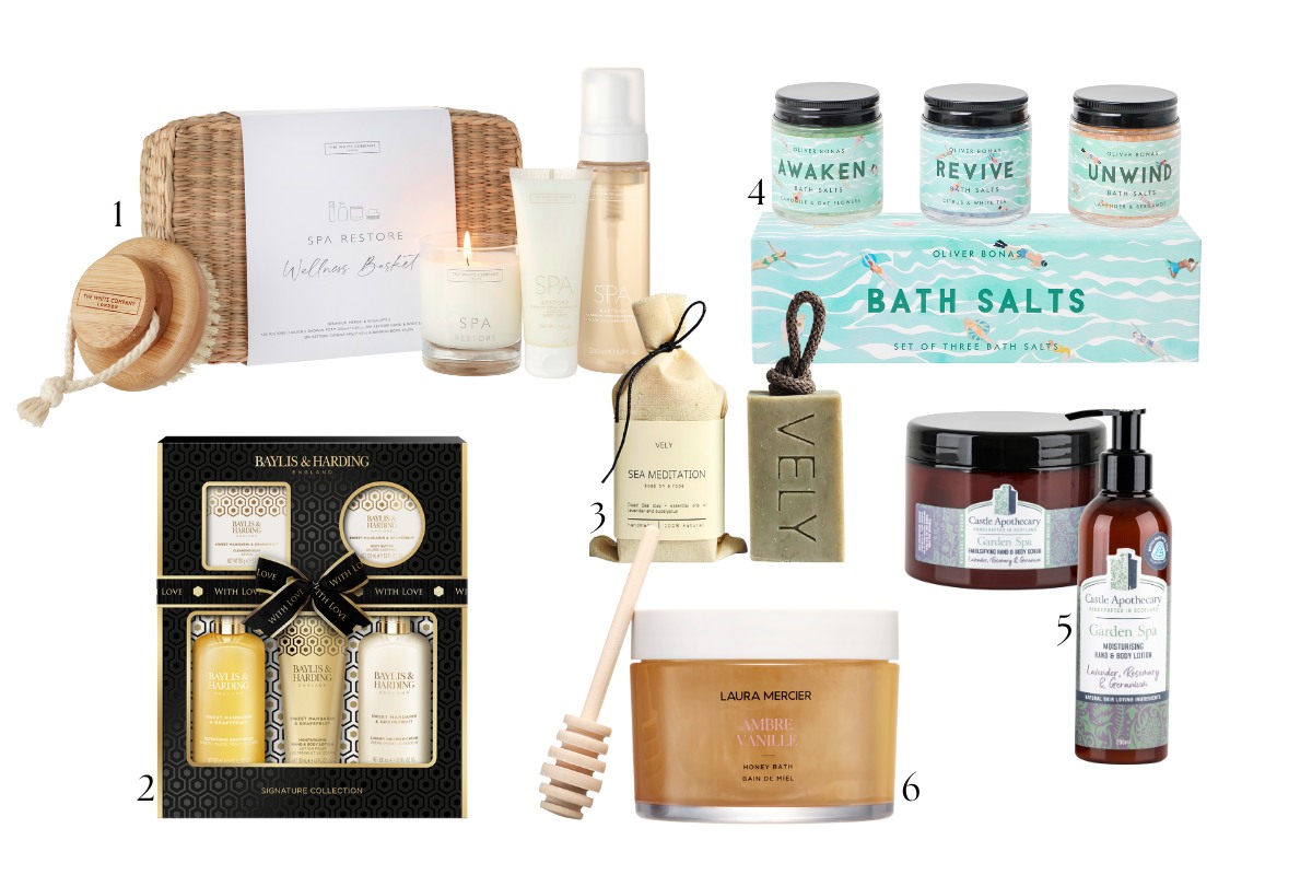 A gift edit of bath salts, body care, soap and wellness basket.