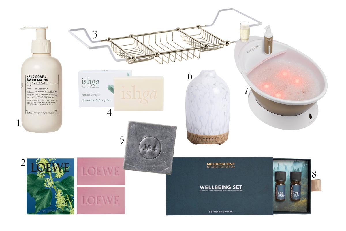 A gift guide edit of spa tools and must-haves, from designer soaps, foot bath, to diffusers and essential oils.