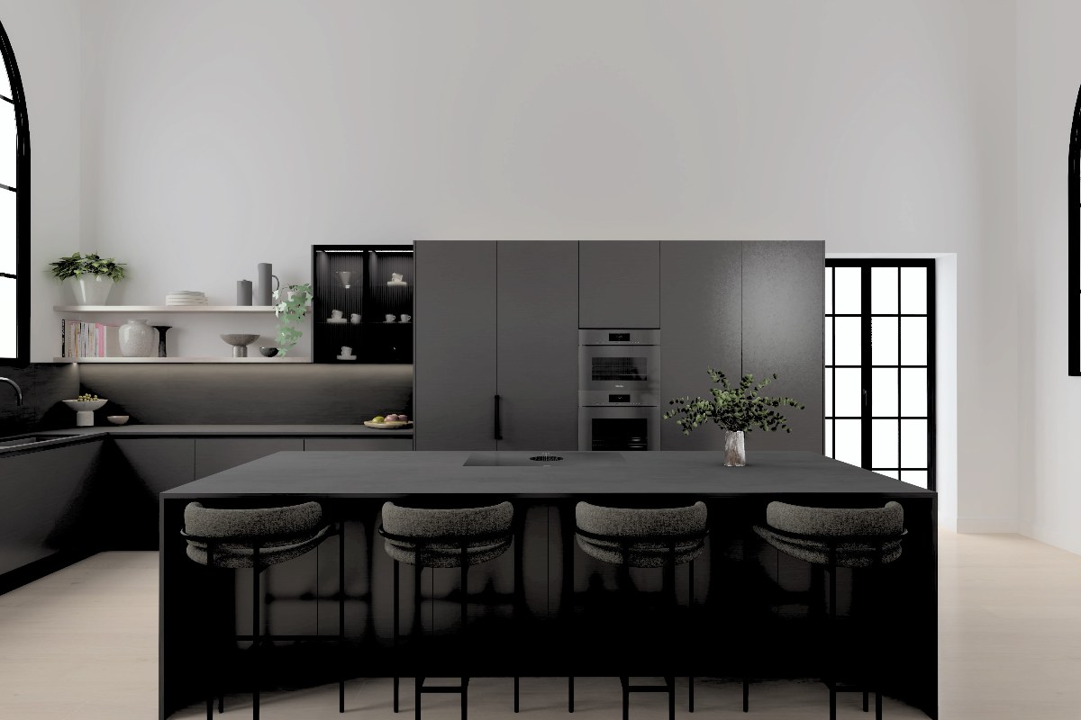 View of the kitchen island with seating, an extractor hob, grey units, built-in appliances, and opens shelving.