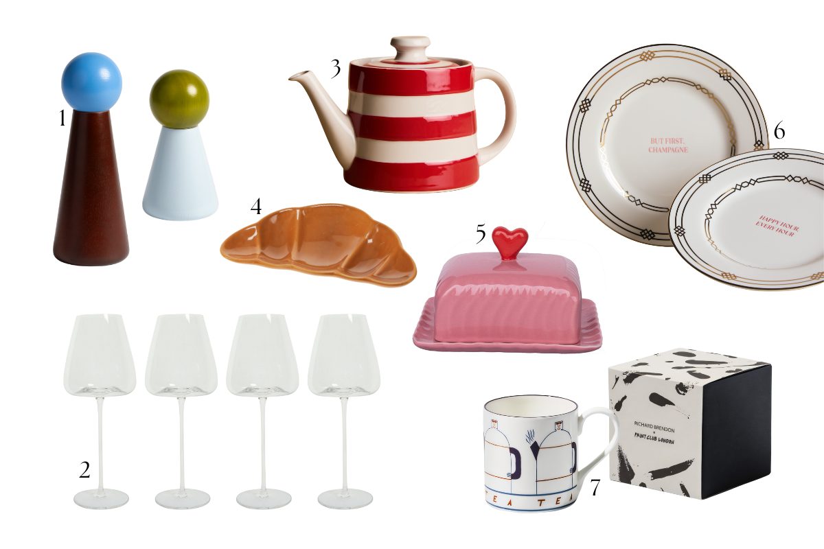 A gift guide edit for homebodies with quirky ceramics, wine glasses and salt and pepper shakers.