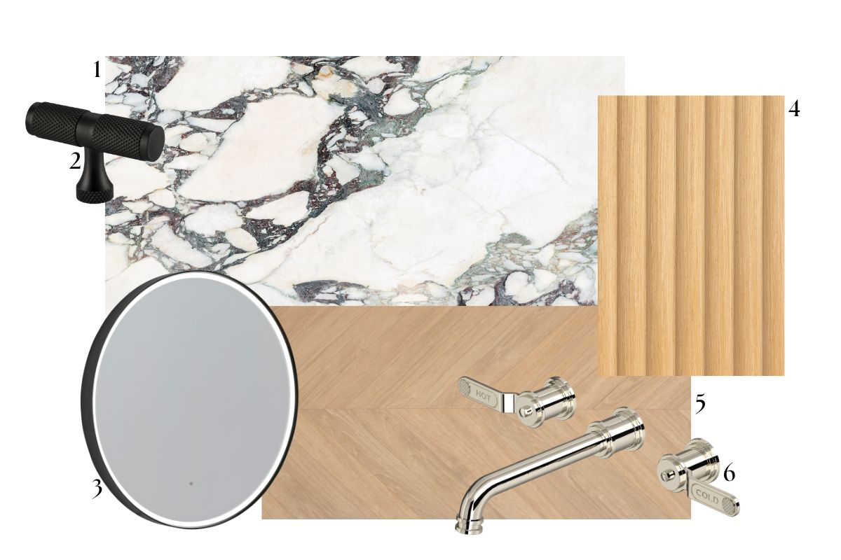 Moodboard edit for the ensuite design, with marble tiles, wood flooring and panelling, a classic basin tap, black knurled handles and a black LED circular mirror.