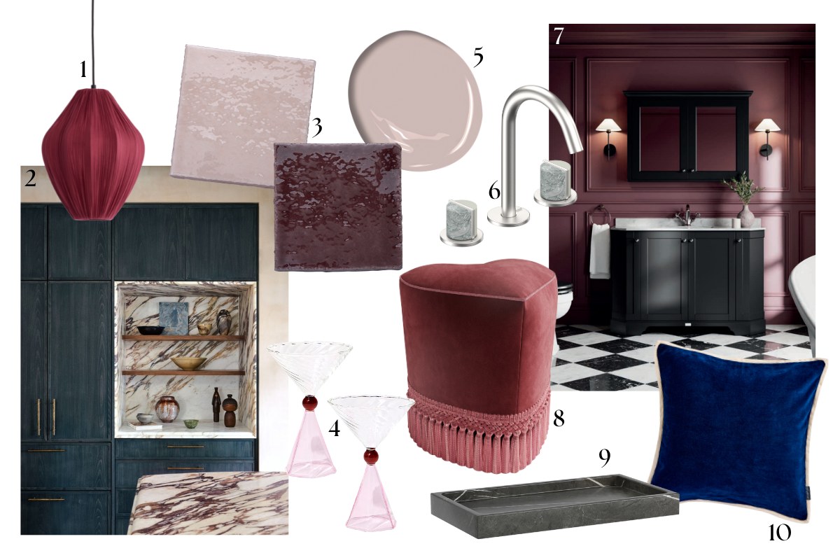 A moodboard edit of romantic interiors with velvet furnishings, blush pinks and reds, a navy wood kitchen with coloured marble, and restaurant-style bathroom.